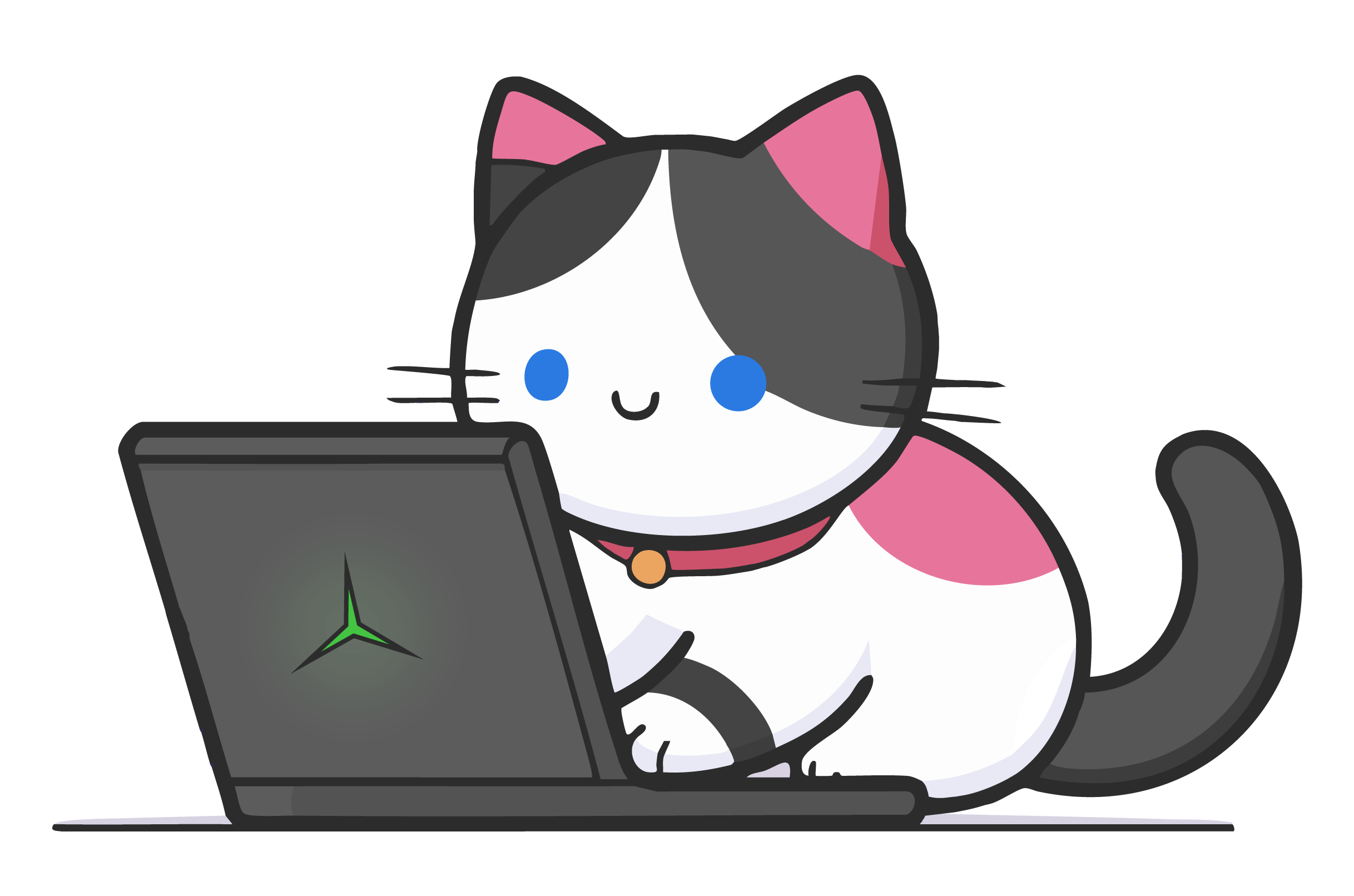 Illustration of a cat happily working on a laptop
